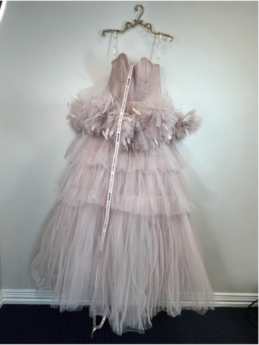 NWT Mac Duggal Strapless Feather-Trim Tiered Tulle Gown - Blush #20572 Size 12 - Picture 4 of 8